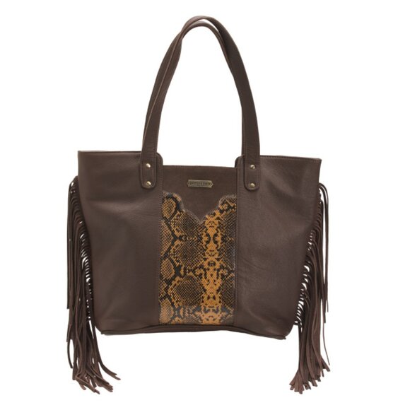 AMERICAN BISON Brown Leather Fringe Tote With Snake Embellishment - Picture 1 of 2